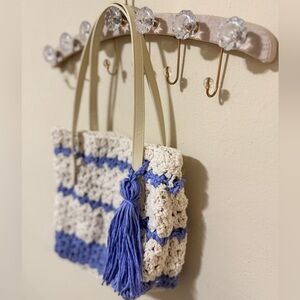 Elegant Blue and Cream Tote with Tassel Accents